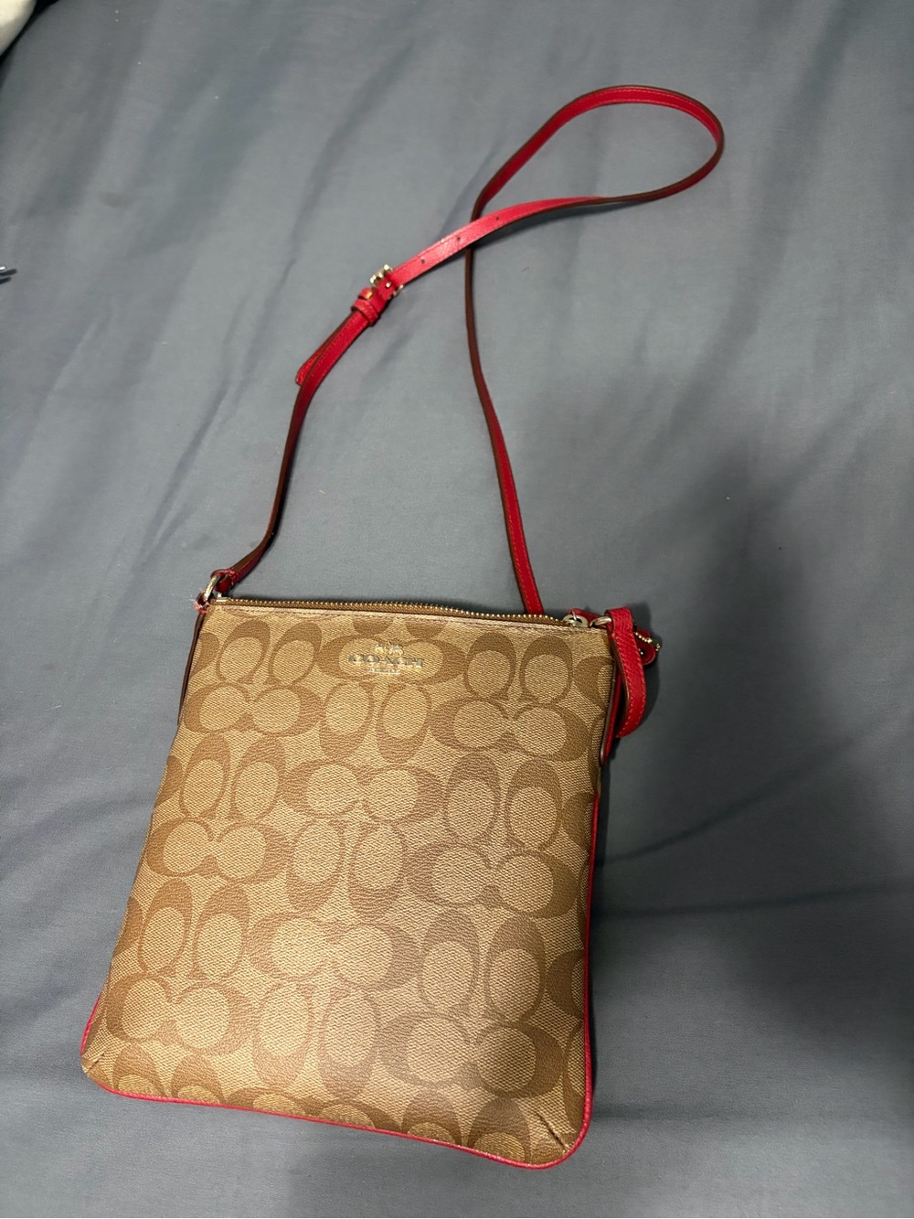 Coach Tan Signature Crossbody with Red Trim